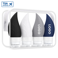 Lot de 4 bouteilles de voyage en silicone de qualité alimentaire personnalisées |   Approuvé par la TSA, étanche aux fuites |   Fabricant de kits de sérums et lotions cosmétiques écologiques