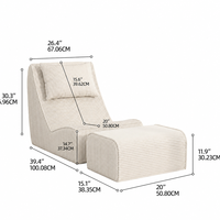 Chaise longue inclinable en velours côtelé ivoire à une place avec ottoman, ensemble compact pour salon et petit appartement