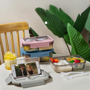Boîte à lunch en plastique à 2 compartiments de style simple pour adultes, boîte à lunch bento pour étudiants avec fourchette et cuillère - Product Image 5