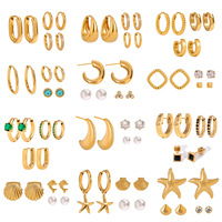 Juego de 3 Pares de Aretes de Perlas y Circonitas Geométricas de Acero Inoxidable Chapado en Oro de 18K para Mujer, Estilo Vintage, para Fiesta