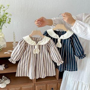 Abito Autunnale per <span class=keywords><strong>Bambina</strong></span> in Stile Scolastico Coreano a Righe con Colletto Peter Pan e Maniche a Sbuffo, Outfit Carino e Alla Moda per Bambini - Product Image 3