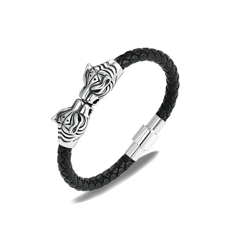 Fashion Rope Leather Tiger Hand Skull Bracelet Bangle Stainless Steel Trendy Ins Jewelry For Man Boy