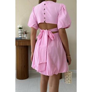 Vestido de Lino Rosa sin Espalda, Corte en A, con Cintura Ajustable, Cuello Redondo, Transpirable, para Uso Diario Informal - Product Image 1