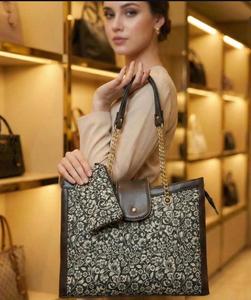 Black and Beige Ethnic Geometric Jacquard Handbag – 2-Piece <b>Set</b> with Detachable Sling - Product Image 1