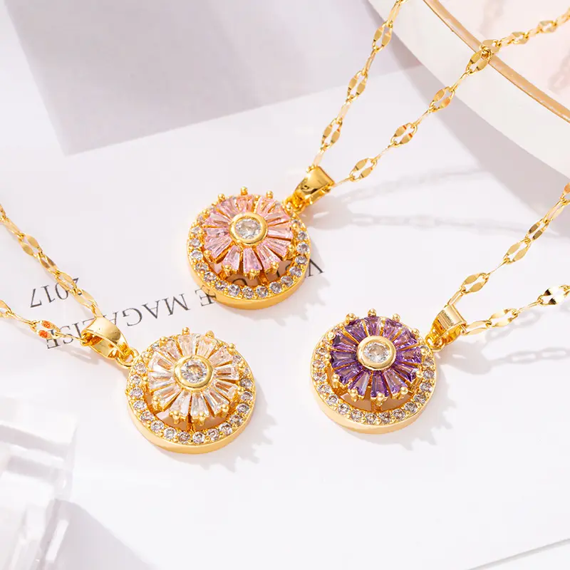 Hot selling gold plated spinning sunflower pendant fadeless stainless steel chain rotating necklace