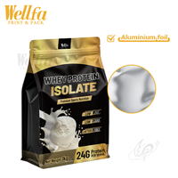 Sachet refermable à fond plat en aluminium avec fermeture à quatre soudures, 1 kg de poudre protéinée, résistant à l'humidité, barrière à l'oxygène, logo personnalisé