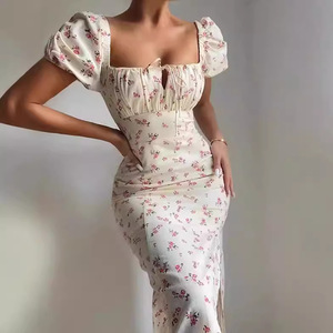 Nuevo Vestido de Mujer, Estilo Francés Retro, Floral, Ajustado, con Abertura Lateral y Mangas Abullonadas Largas - Product Image 1