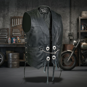 Gilet de motard d'hiver noir respirant en cuir véritable avec chaîne et lacets latéraux, personnalisable OEM, robuste pour homme - Product Image 3
