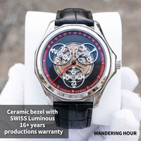 Montre squelette automatique à heures sauteuses Calibre 8215 avec modification, logo personnalisé, verre saphir et bracelet en cuir