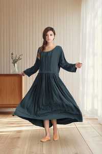 Robe longue plissée en coton et lin pour femme, manches courtes, coupe classique, taille naturelle, grandes tailles, fournisseur B2B éco-responsable - Product Image 5