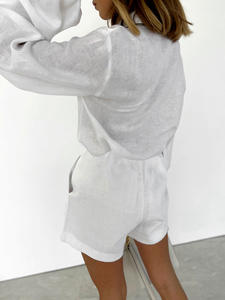 Abito da ufficio in <span class=keywords><strong>lino</strong></span> di cotone di alta qualità da <span class=keywords><strong>donna</strong></span> bianco ampio Casual Shorts due pezzi set per l'estate - Product Image 6