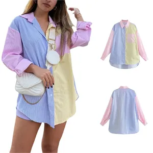 Atacado botão no topo de grandes dimensões-Blusa de outono, blusa da moda para mulheres, branca, de lapela, casual, manga longa, com botões, assimétrica, túnica, tamanho grande, azul, rosa