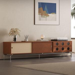Meuble TV en bois massif de style vintage, design nordique rétro, beige, avec rangement, pour salon, support audiovisuel - Product Image 2