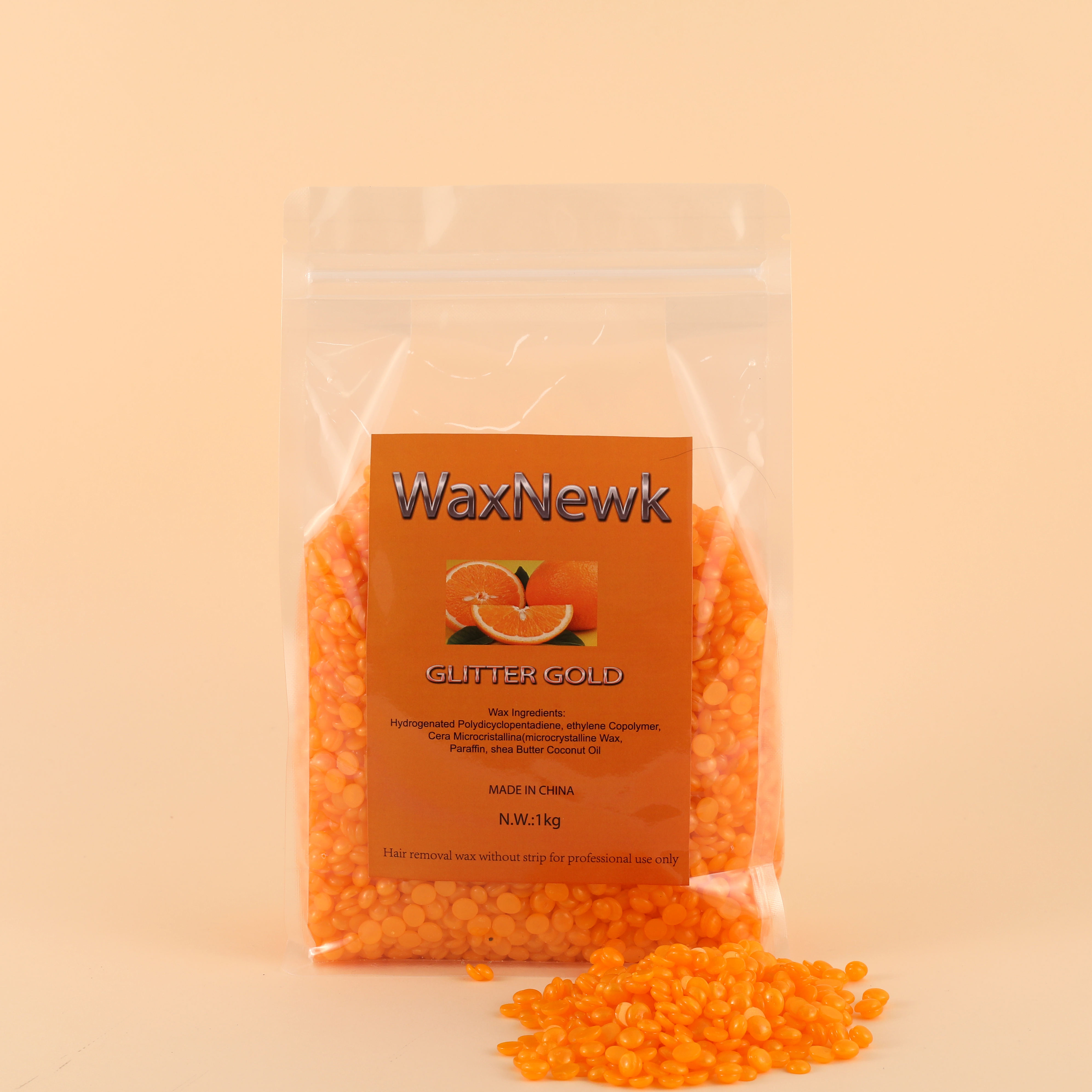 WaxNewK блестящий золотой 1 кг, индивидуальная Марка, восковая фасоль премиум-класса, оранжевый аромат, твердый воск, без канифоли, гель для депиляции