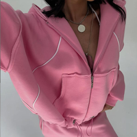 Ensemble de survêtement personnalisé pour femme, rose, épais, avec sweat à capuche court ample zippé et pantalon de survêtement à épaules tombantes