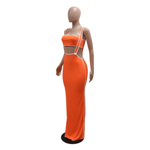 <b>Sexy</b> Spaghetti Straps Long Dress Breastplug Solid Color Casual Two-piece <b>Set</b> for Women Fashion - Product Image 3