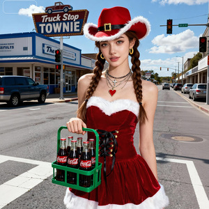 Disfraz Navideño Rojo de Felpa con Sombrero de Vaquero, Atuendo Sexy de Santa Claus para Cosplay y Juego de Roles, Invierno 2025 - Product Image 4