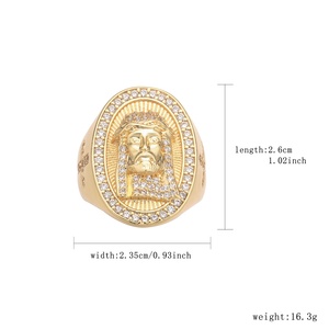 Anello da Uomo in Ottone Placcato Oro 14K con Volto di Gesù, Stile Hip Hop, con Zirconi CZ, Anello a Fascia Ovale Religioso, Regalo di Moda - Product Image 2