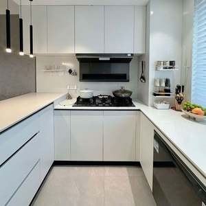 Italian Modular Kitchen <b>Cabinet</b> Custom Wood Modern Melamine with Artificial Marble Countertop and Drawer Basket - Product Image 4