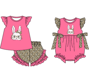 Tenues pour enfants filles avec short et motif lapin de Pâques mignon, barboteuse bébé à bulles, mode léopard, vente en gros, vêtements assortis pour sœurs - Product Image 4