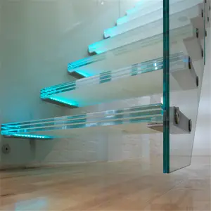 Duplex House Glass Floating Stairs Laminated Glass Tread Staircase With Led Stairway Light