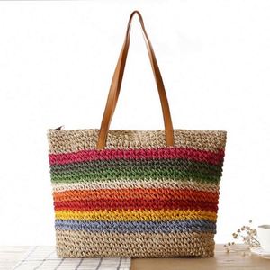 Bolso de Hombro de Mujer con Rayas Arcoíris, Bolso de Playa de Paja Tejida, Venta al Por Mayor - Product Image 1