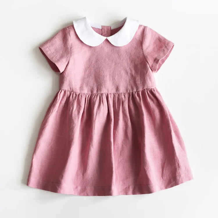 Hot Sale Linen Pink Dresses Baby Girls Casual Clothes Summer Peter Pan Collar Linen Dresses