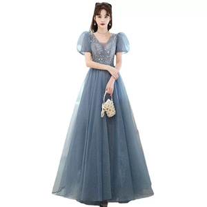 Women's Evening Gown Blue V-neck Empire Waist Ball Gown Chiffon Vintage Fashionable Host Performance Dress - Product Image 5