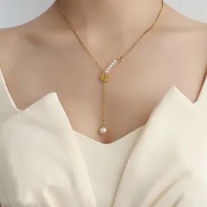 Wholesale French Stainless Steel Dainty Women Tassel Pearl Pin Lariat Pendant Long Gold Necklaces For Women