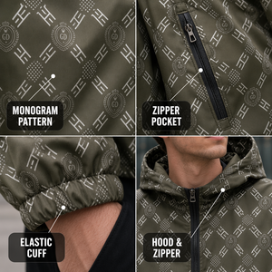 Giacca a Vento Leggera da Uomo in Nylon Verde Oliva 350GSM con Stampa Monogramma, Zip e Polsini Elastici, Stile Streetwear - Product Image 2
