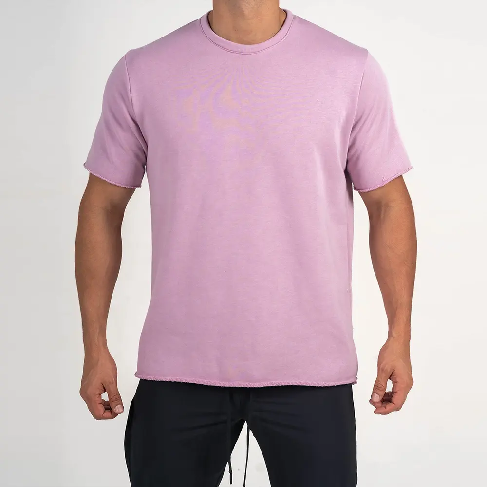 Custom Logo Pink French Terry Soft Comfortable Crew Neck T Shirt For Men