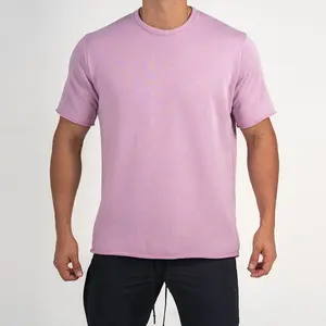 เสื้อยืดคอกลมสำหรับผู้ชายนุ่มใส่สบายสีชมพูผ้าเฟรนช์เทอร์รี่ออกแบบโลโก้ได้ตามต้องการ