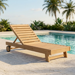 Chaise longue en teck pour l'extérieur, chaise de patio avec roulettes, design contemporain, style moderne sans accoudoirs - Product Image 1