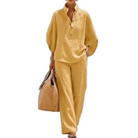 Set Celana Katun Linen Wanita Kasual, Atasan Kancing V-neck Lengan Panjang, Celana Kaki Lebar 2-Piece Set Anti-Pilling Anti-Kerut
