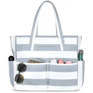 Custom wholesale large rectangle pretty beach tote bag canvas sac a main femm weekender waterproof bale branded RTS beach bag