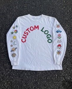 T-shirt à manches longues avec logo personnalisé, motif dessiné à la main, col rond, décontracté, tricoté, coupe classique, blanc pour homme - Product Image 1