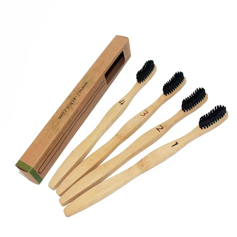 Flat handle adult natural eco friendly travel bamboo toothbrush 4 pack custom colorful bristle medium/soft/hard toothbrush