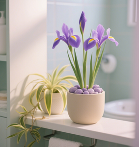 Fleurs artificielles violet <span class=keywords><strong>iris</strong></span> doré bord beige <span class=keywords><strong>pot</strong></span> rond élégant et dynamique adapté à l'étagère de salle de bain - Product Image 1