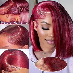 วิกผมบ๊อบสั้นตรงสีเบอร์กันดี 200% 99J ผมแท้ 13x4 วิกผมหน้าผากโปร่งใสสำหรับผู้หญิง สีไวน์ 99J  แบบถอนขนมาแล้ว - Product Image 2