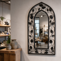 Miroir mural en fer forgé de haute qualité, style arche française, avec cadre décoratif à feuilles florales, pour la maison, l'entrée, la décoration de jardin