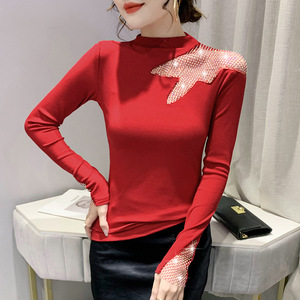 Fall Internet Hot Long Sleeves Retro <strong>Shiny</strong> Shirt Elegant Slimming Inner Slim Hollow <strong>Top</strong> for Women - Product Image 2