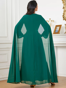 Elegant Evening <b>Dress</b> Ramadan <b>Eid</b> Party Cape Sleeve Embroidered Emerald Gold Trim Abaya - Product Image 2