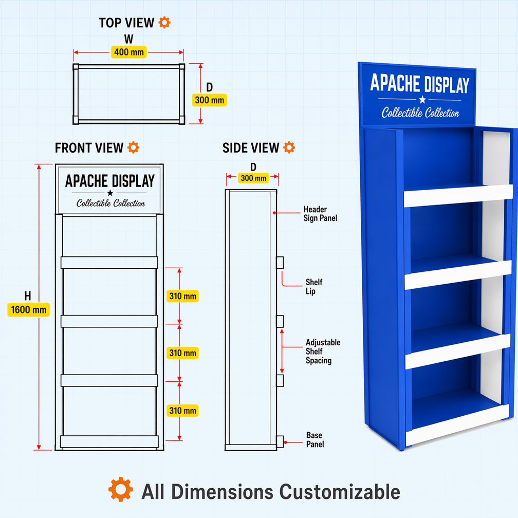 Apache Custom Toy Display Rack 4-Way 4-Tier Metal Figure Merchandiser Knock Down Rotating Stand for Retail Store OEM ODM — view 4