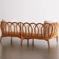 Fauteuil de loisirs deux places en rotin naturel, structure tressée en arche courbée, style Boho Japandi Wabi-sabi, pour balcon, salon, maison d'hôtes