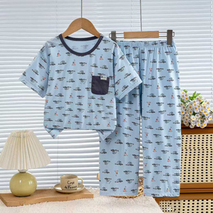 Nuovo <span class=keywords><strong>Pigiama</strong></span> Primaverile in Velluto Traspirante di <span class=keywords><strong>Cotone</strong></span> con Motivi Cartoon, Set con Maniche Corte e Pantaloni Lunghi per Bambini - Product Image 6