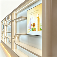 Mur de présentation de luxe moderne pour les produits de beauté |   Étagères courbes sur mesure et éclairage LED |   Intérieur d'un magasin de cosmétiques haut de gamme