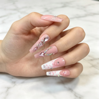 Uñas postizas al por mayor, largas, con forma de ataúd, con purpurina rosa y diamantes de imitación, ABS, OEM, etiqueta privada personalizada, reutilizables