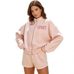 Ensemble de sweat-shirt à col montant brodé en molleton de coton doux et décontracté de qualité supérieure 2026 pour femme avec double fermeture éclair - Product Image 1