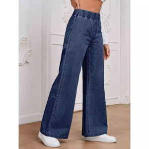 Jeans da Donna con Elastico in Vita, <span class=keywords><strong>Pantaloni</strong></span> Larghi Estivi a Vita Alta, Casual con Coulisse, Comodi, a Gamba Larga, Stile Streetwear - Product Image 3