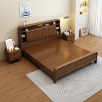 Lit double minimaliste contemporain nordique en bois massif de caoutchouc, taille Queen/King, avec cadre de lit à pression d'air et grand rangement, écologique